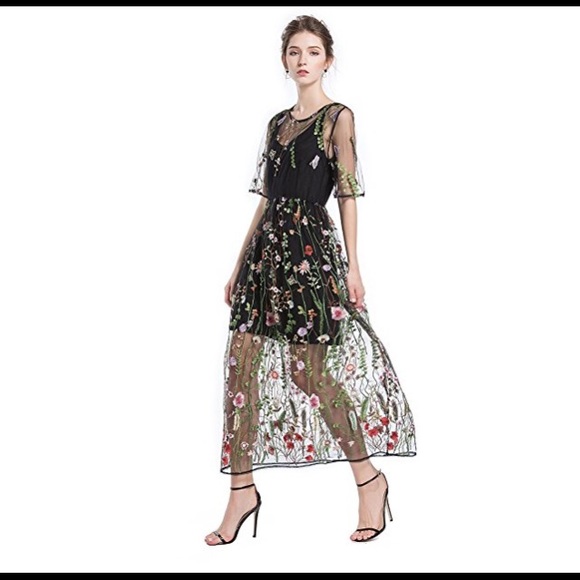 h&m embroidered mesh dress